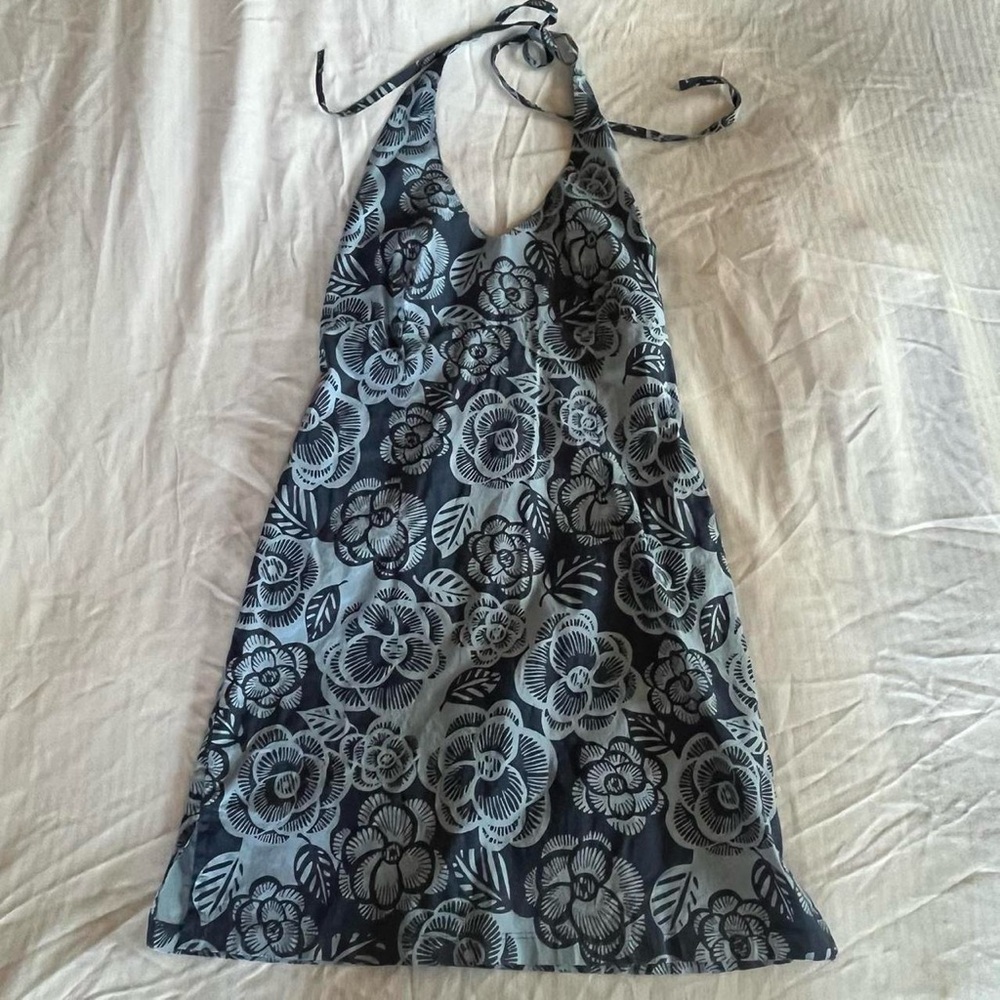 Opera blue floral halter neck dress with zipper back
